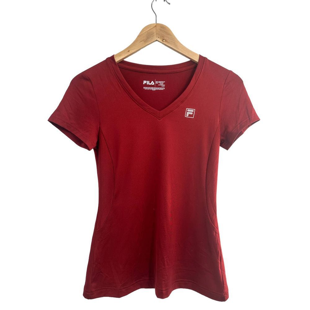 Fila Burgundy V Neck Short Sleeve Mesh Workout Shirt XS